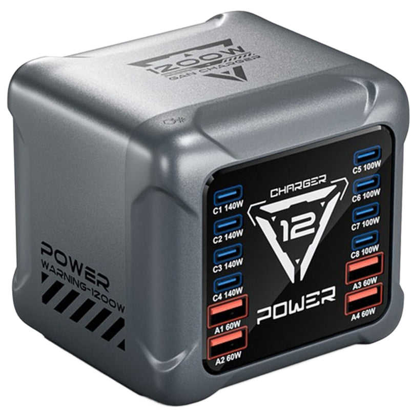 Oplader Station OEM BK-127D, 280W, 5A, 4 x USB-A - 8 x USB-C, Grå