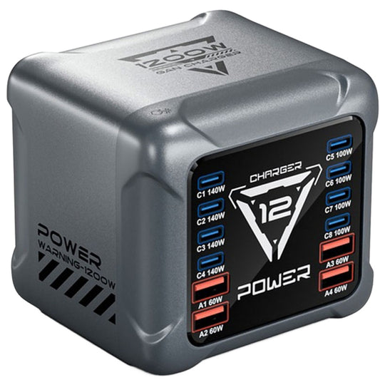 Oplader Station OEM BK-127D, 280W, 5A, 4 x USB-A - 8 x USB-C, Grå