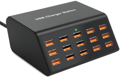OEM HW15 Stationoplader, 100W, 2A, 15 x USB-A, Sort