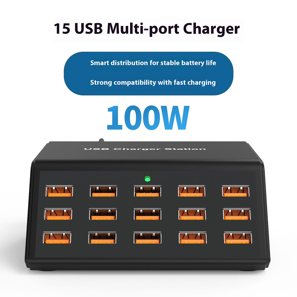 OEM HW15 Stationoplader, 100W, 2A, 15 x USB-A, Sort