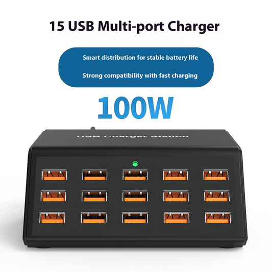 OEM HW15 Stationoplader, 100W, 2A, 15 x USB-A, Sort