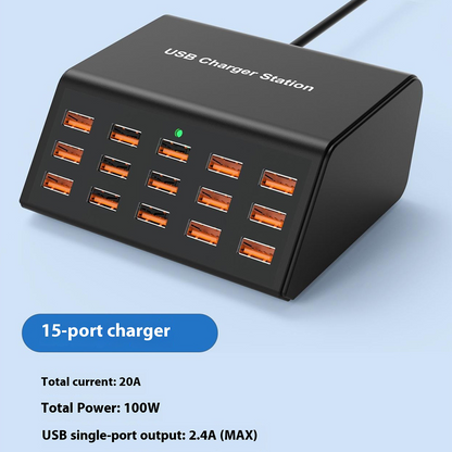 OEM HW15 Stationoplader, 100W, 2A, 15 x USB-A, Sort