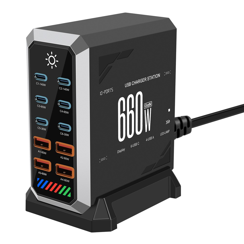 OEM HW18 Station Oplader, 660W, 5A, 4 x USB-A - 6 x USB-C, Sort