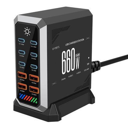 OEM HW18 Station Oplader, 660W, 5A, 4 x USB-A - 6 x USB-C, Sort