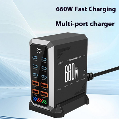 OEM HW18 Station Oplader, 660W, 5A, 4 x USB-A - 6 x USB-C, Sort