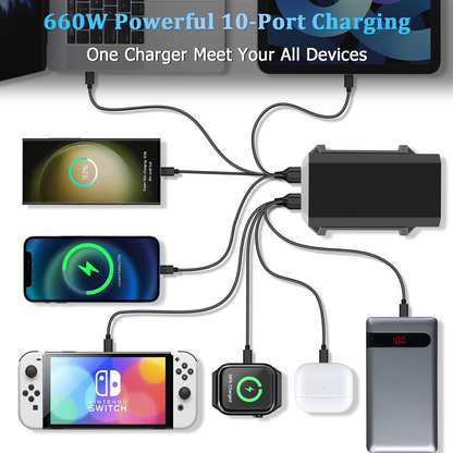 OEM HW18 Station Oplader, 660W, 5A, 4 x USB-A - 6 x USB-C, Sort