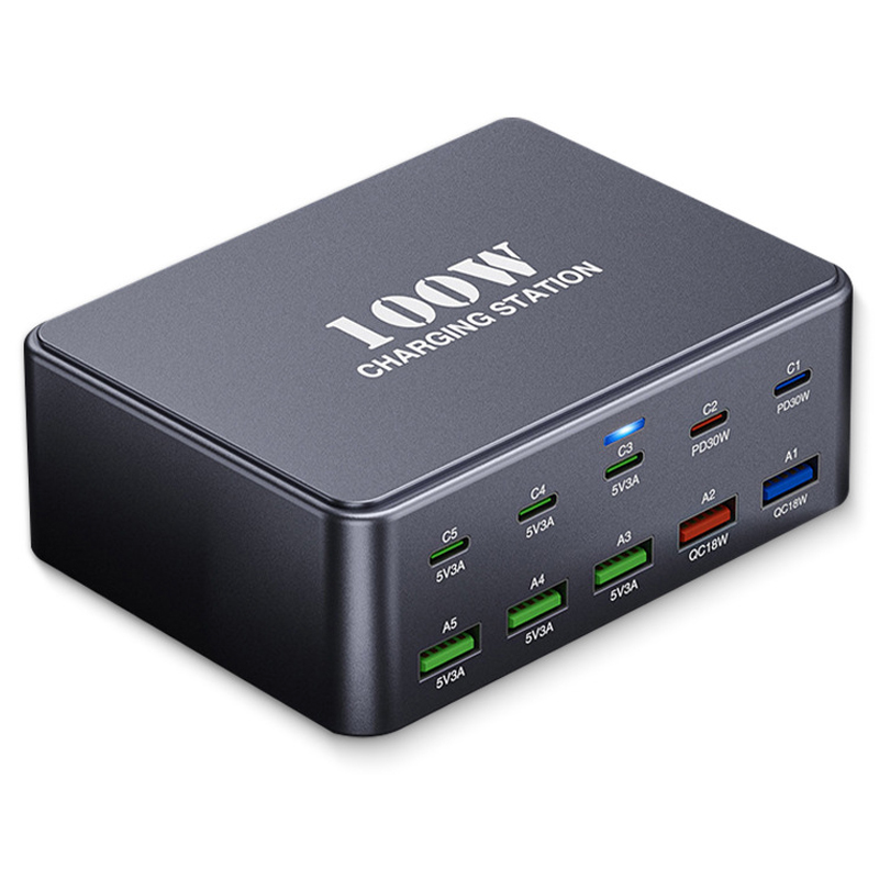 OEM HW33 Stationoplader, 100W, 3A, 5 x USB-A - 5 x USB-C, Grå