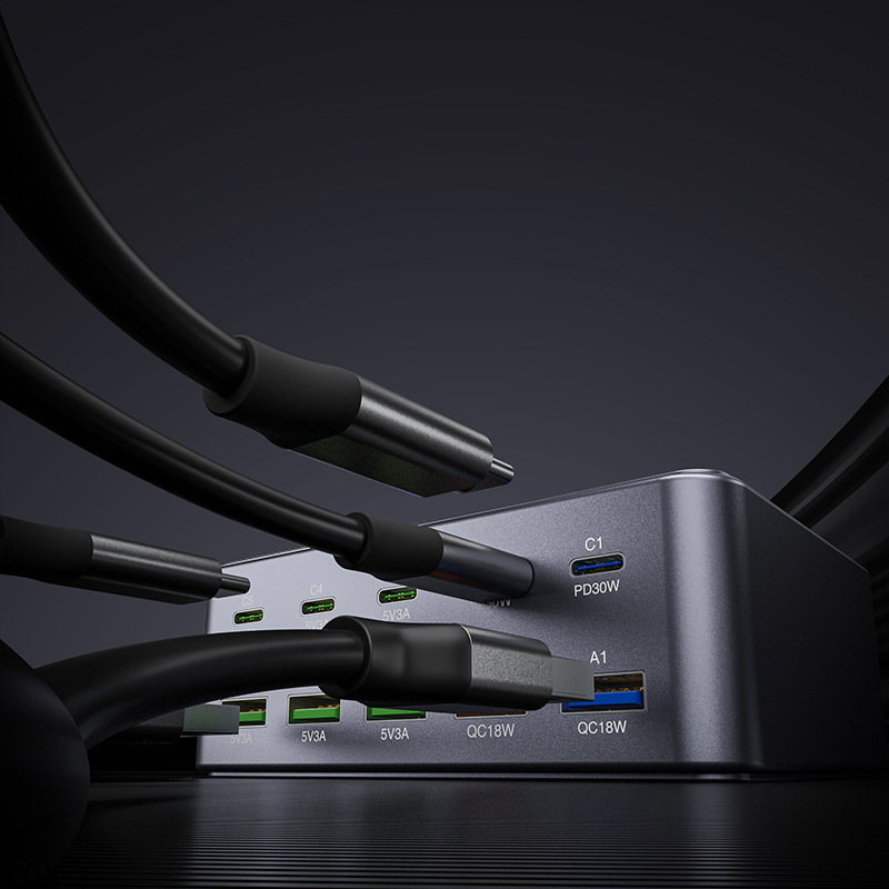 OEM HW33 Stationoplader, 100W, 3A, 5 x USB-A - 5 x USB-C, Grå