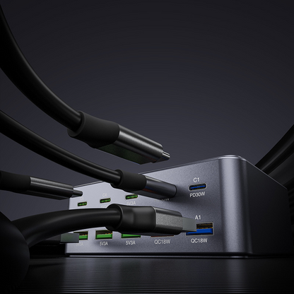 OEM HW33 Stationoplader, 100W, 3A, 5 x USB-A - 5 x USB-C, Grå