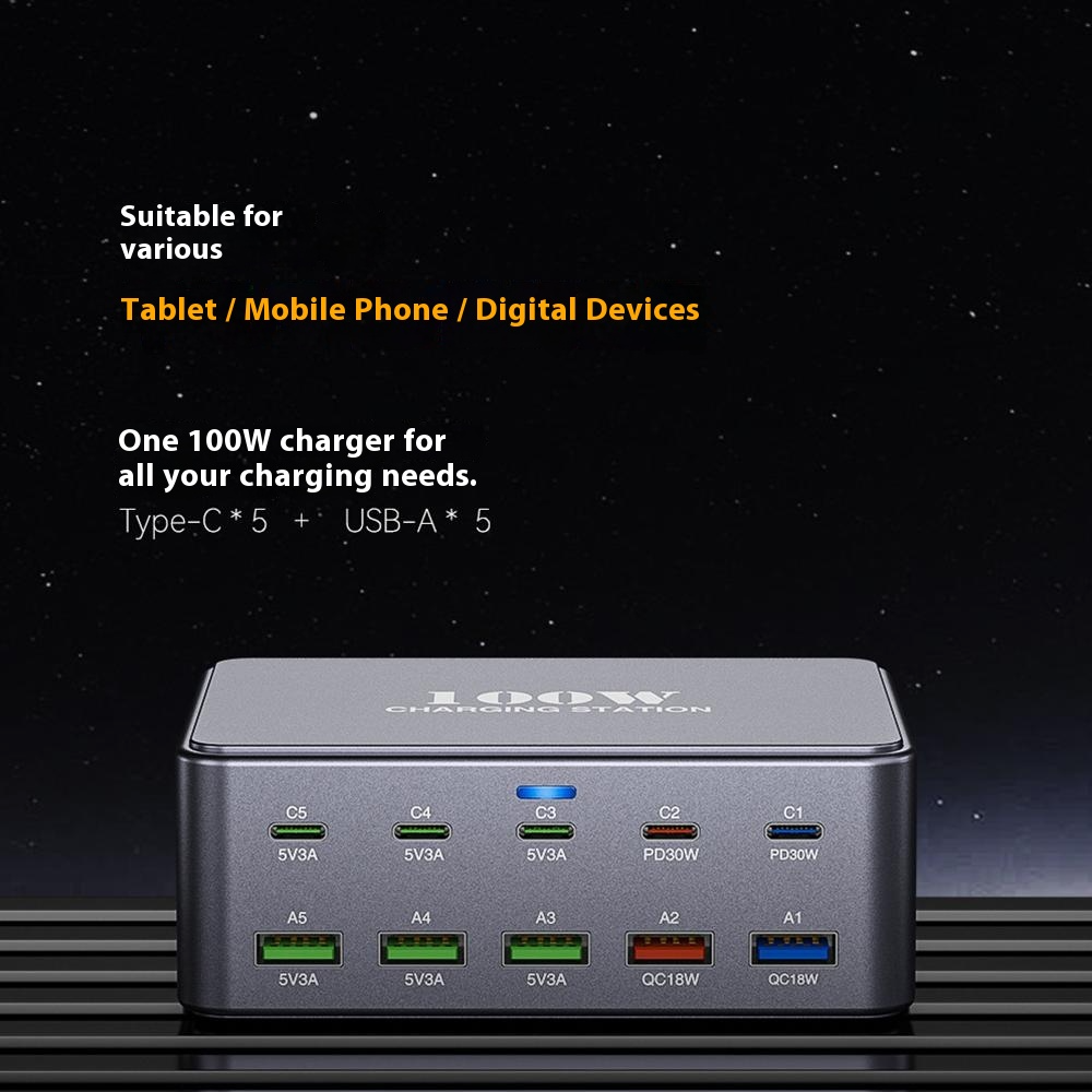 OEM HW33 Stationoplader, 100W, 3A, 5 x USB-A - 5 x USB-C, Grå