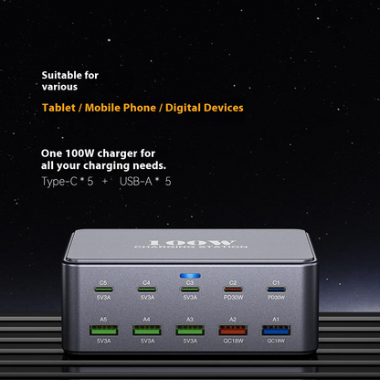 OEM HW33 Stationoplader, 100W, 3A, 5 x USB-A - 5 x USB-C, Grå
