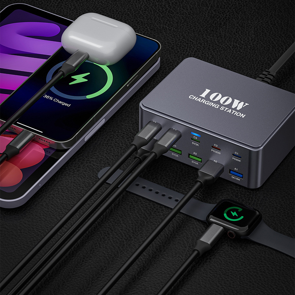 OEM HW33 Stationoplader, 100W, 3A, 5 x USB-A - 5 x USB-C, Grå