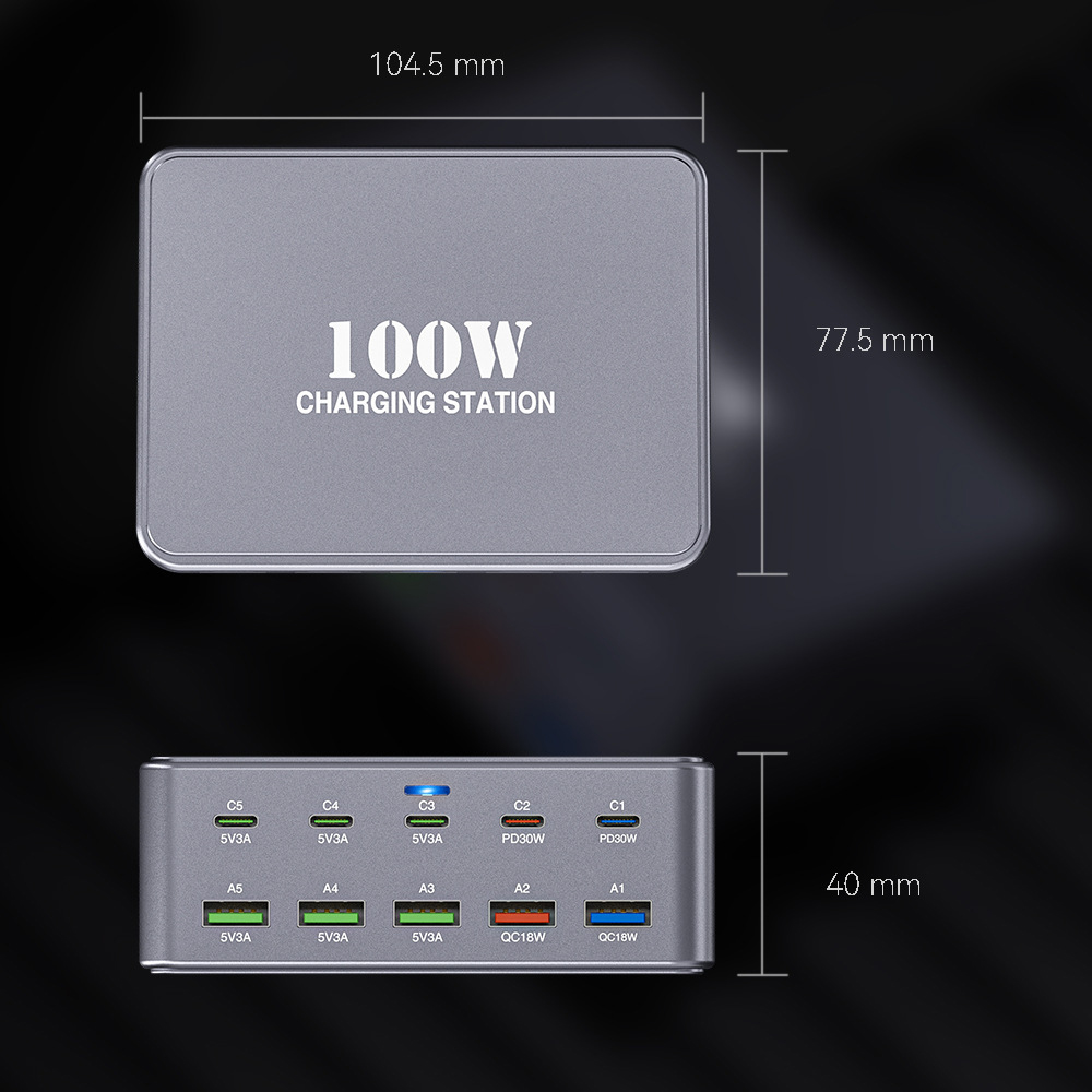 OEM HW33 Stationoplader, 100W, 3A, 5 x USB-A - 5 x USB-C, Grå