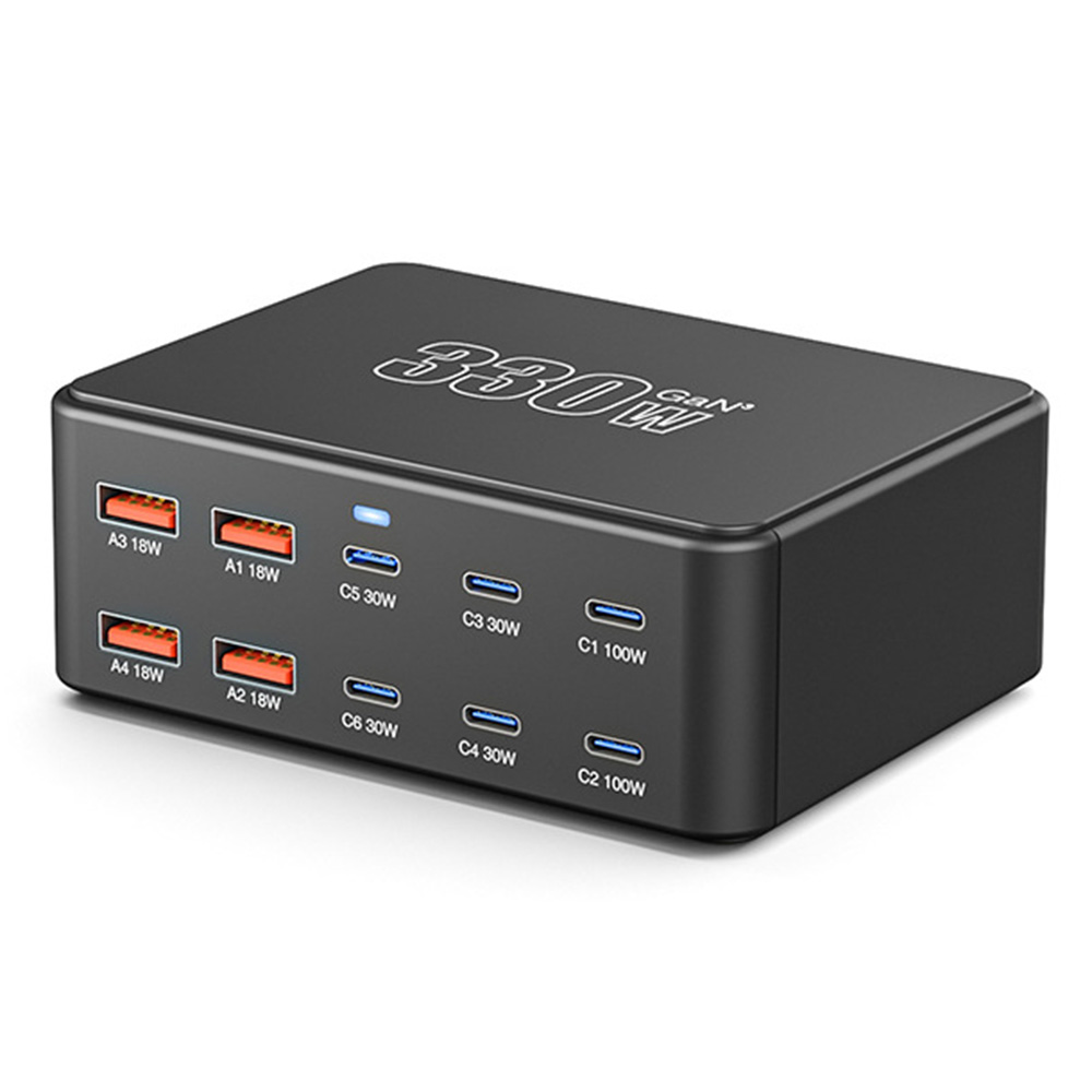 OEM HW66 Stationoplader, 330W, 5A, 4 x USB-A - 6 x USB-C, Sort