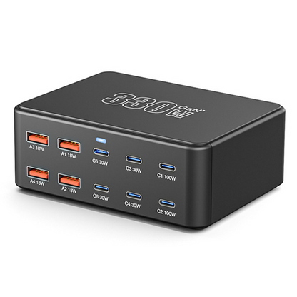 OEM HW66 Stationoplader, 330W, 5A, 4 x USB-A - 6 x USB-C, Sort
