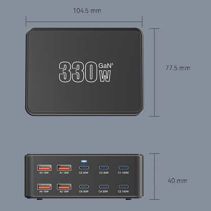OEM HW66 Stationoplader, 330W, 5A, 4 x USB-A - 6 x USB-C, Sort
