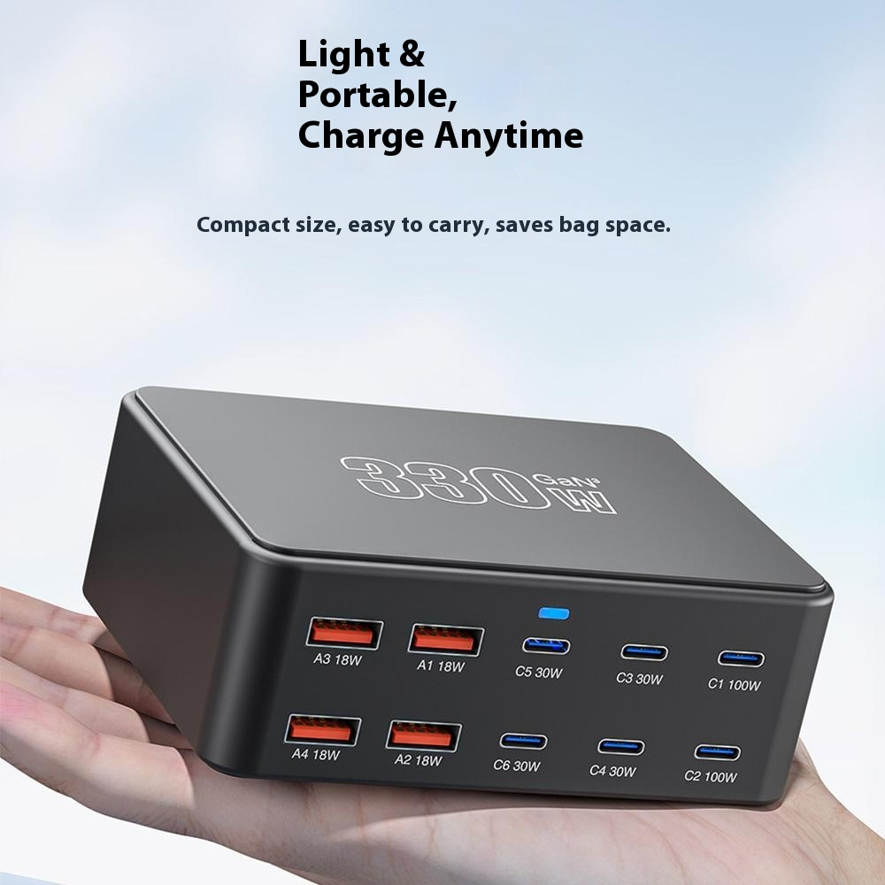 OEM HW66 Stationoplader, 330W, 5A, 4 x USB-A - 6 x USB-C, Sort