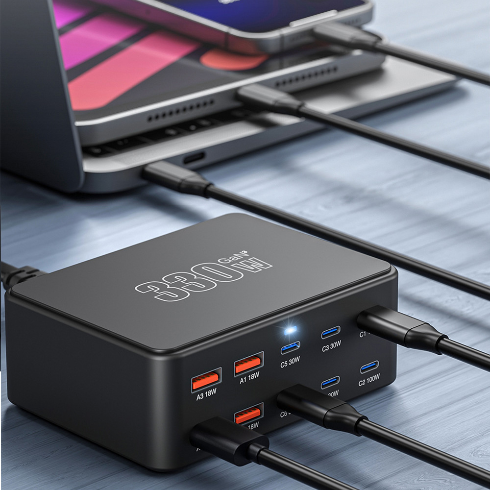 OEM HW66 Stationoplader, 330W, 5A, 4 x USB-A - 6 x USB-C, Sort