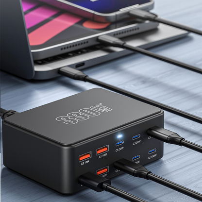 OEM HW66 Stationoplader, 330W, 5A, 4 x USB-A - 6 x USB-C, Sort