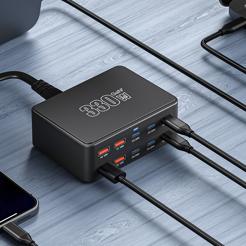 OEM HW66 Stationoplader, 330W, 5A, 4 x USB-A - 6 x USB-C, Sort