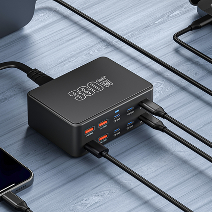 OEM HW66 Stationoplader, 330W, 5A, 4 x USB-A - 6 x USB-C, Sort