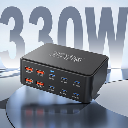 OEM HW66 Stationoplader, 330W, 5A, 4 x USB-A - 6 x USB-C, Sort