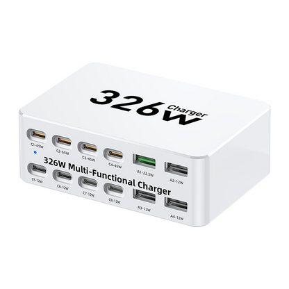 OEM WLX-818E Stationoplader, 326W, 3,25A, 4 x USB-A - 8 x USB-C, Hvid