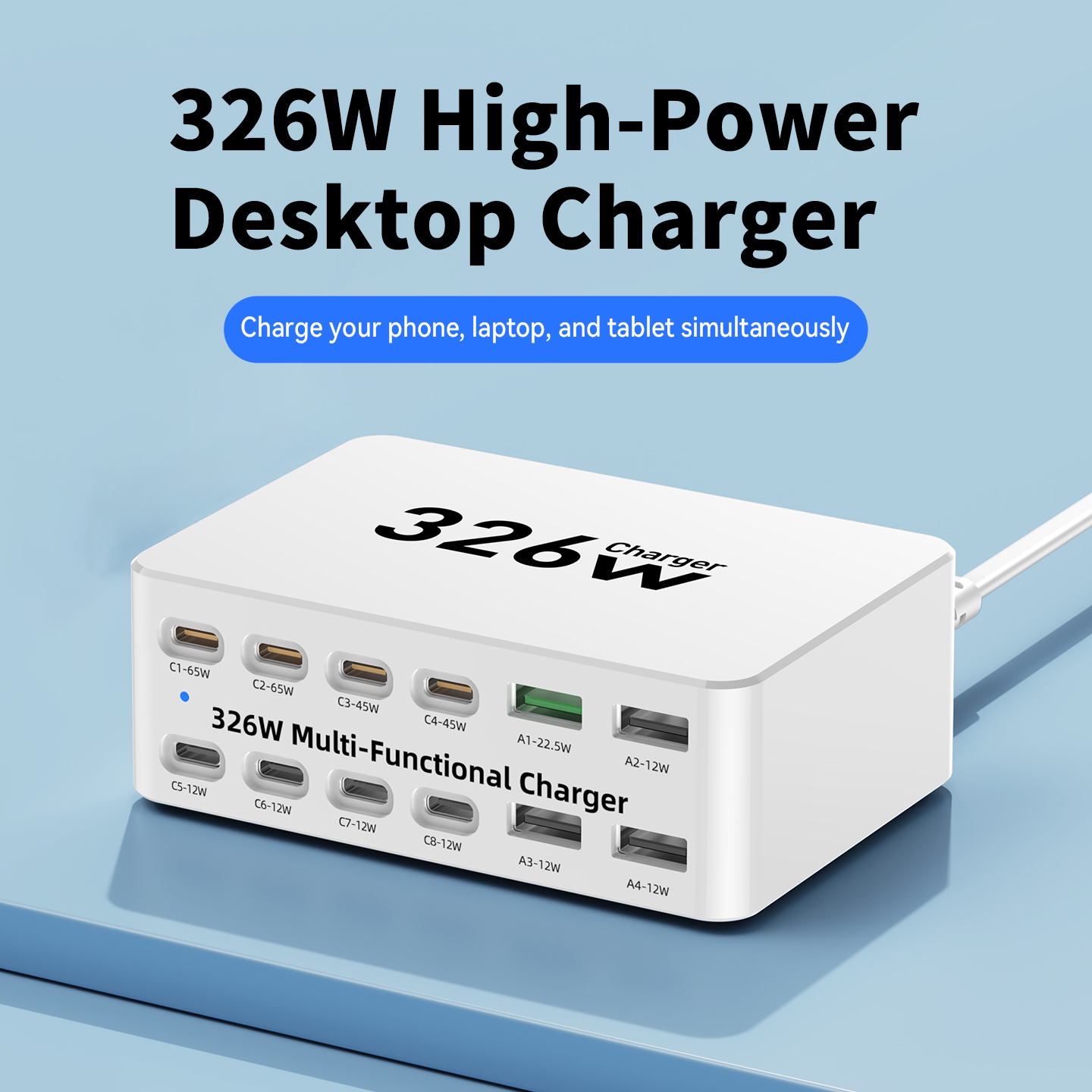 OEM WLX-818E Stationoplader, 326W, 3,25A, 4 x USB-A - 8 x USB-C, Hvid