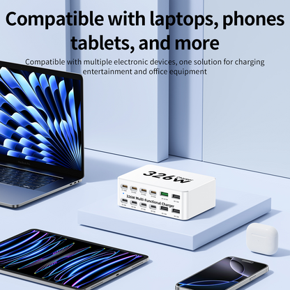 OEM WLX-818E Stationoplader, 326W, 3,25A, 4 x USB-A - 8 x USB-C, Hvid