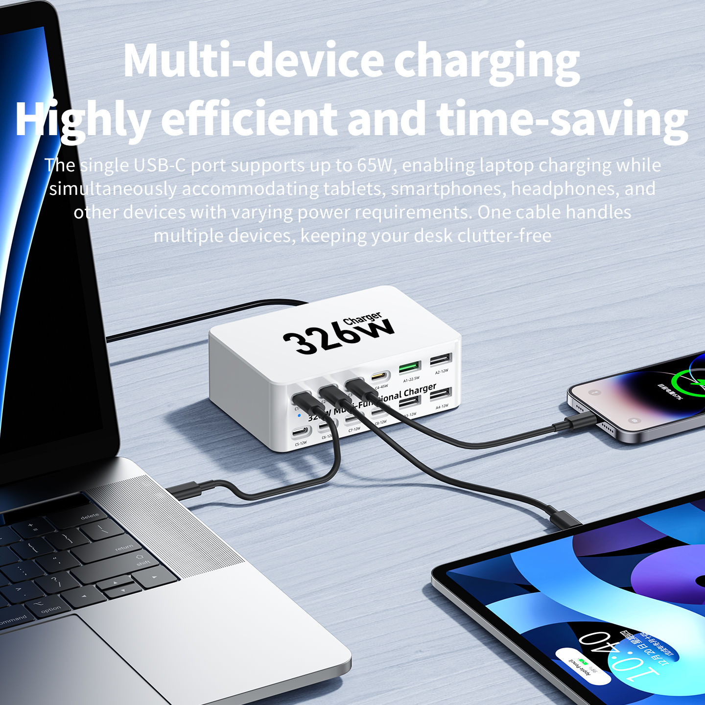 OEM WLX-818E Stationoplader, 326W, 3,25A, 4 x USB-A - 8 x USB-C, Hvid