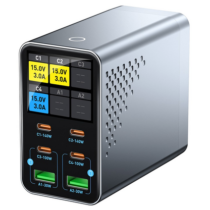 OEM WLX-G3 Stationoplader, 140W, 5A, 2 x USB-A - 4 x USB-C, Grå