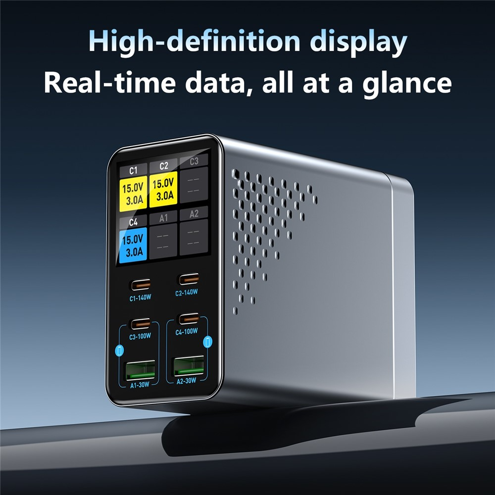 OEM WLX-G3 Stationoplader, 140W, 5A, 2 x USB-A - 4 x USB-C, Grå