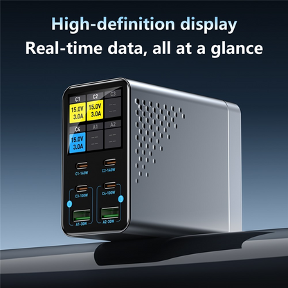 OEM WLX-G3 Stationoplader, 140W, 5A, 2 x USB-A - 4 x USB-C, Grå