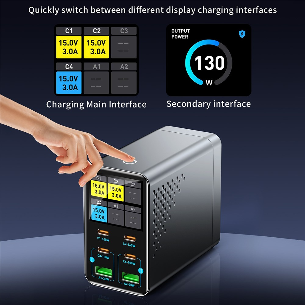 OEM WLX-G3 Stationoplader, 140W, 5A, 2 x USB-A - 4 x USB-C, Grå