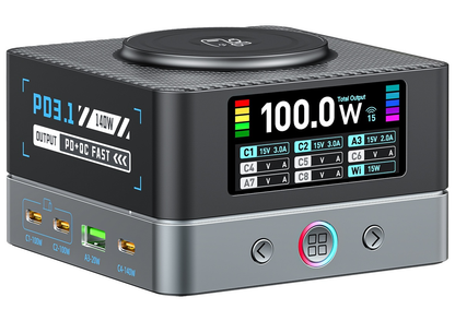 OEM WLX-R8A QI Stationoplader, 140W, 5A, 2 x USB-A - 6 x USB-C, Grå