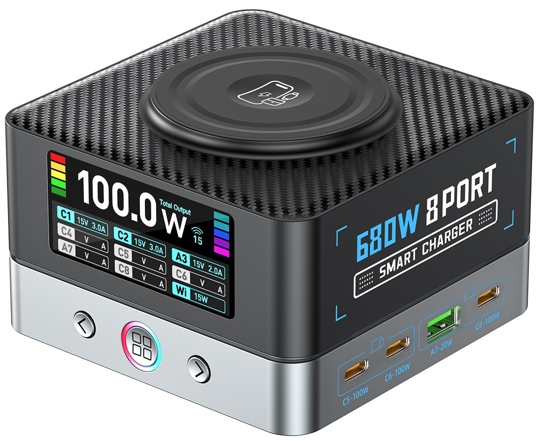 OEM WLX-R8A QI Stationoplader, 140W, 5A, 2 x USB-A - 6 x USB-C, Grå