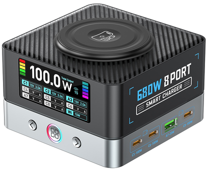 OEM WLX-R8A QI Stationoplader, 140W, 5A, 2 x USB-A - 6 x USB-C, Grå