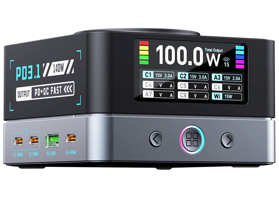 OEM WLX-R8A QI Stationoplader, 140W, 5A, 2 x USB-A - 6 x USB-C, Grå