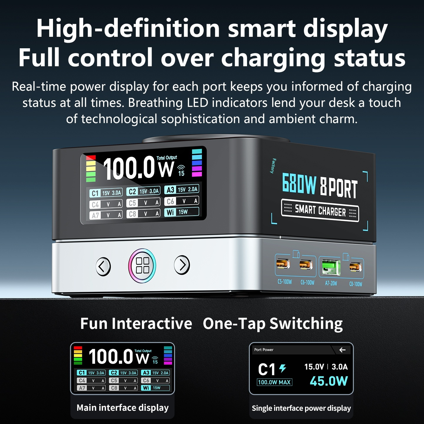 OEM WLX-R8A QI Stationoplader, 140W, 5A, 2 x USB-A - 6 x USB-C, Grå