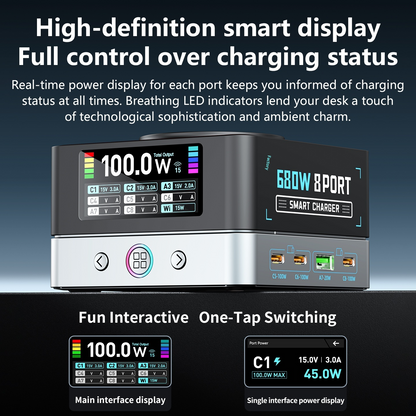 OEM WLX-R8A QI Stationoplader, 140W, 5A, 2 x USB-A - 6 x USB-C, Grå