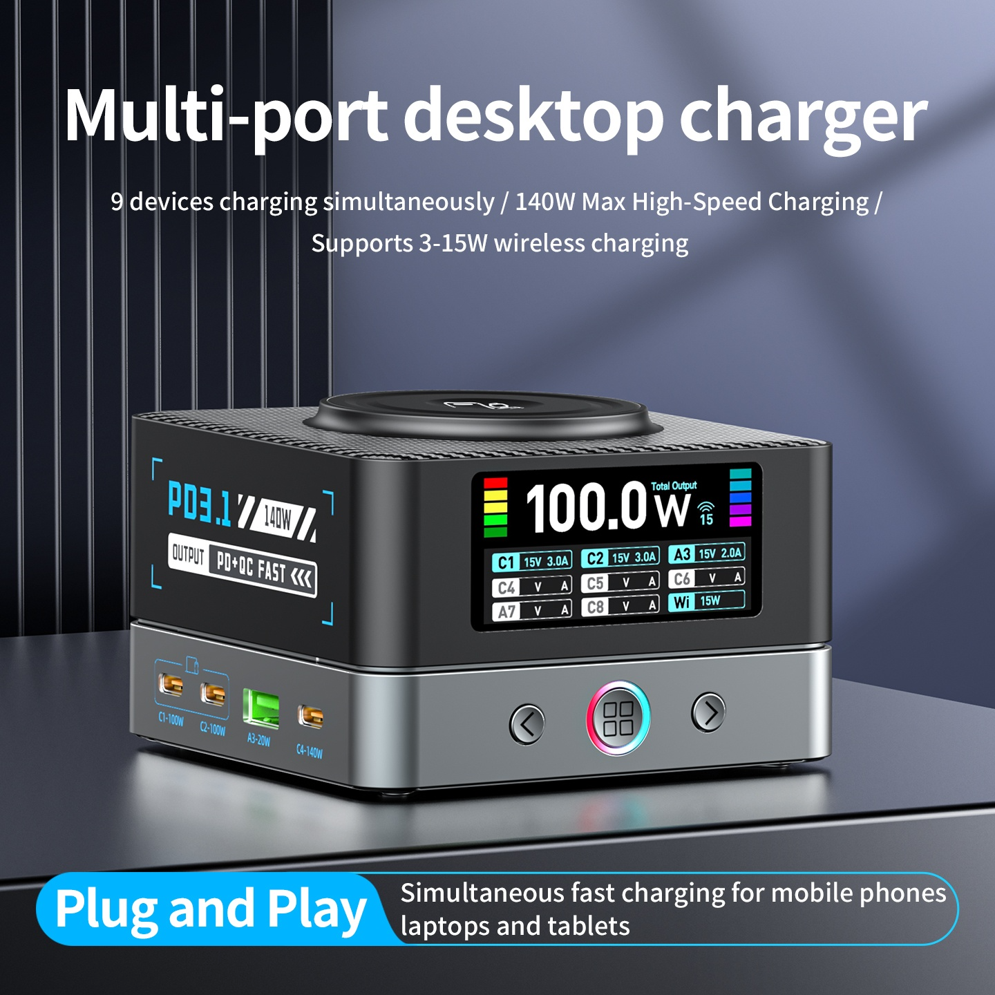 OEM WLX-R8A QI Stationoplader, 140W, 5A, 2 x USB-A - 6 x USB-C, Grå