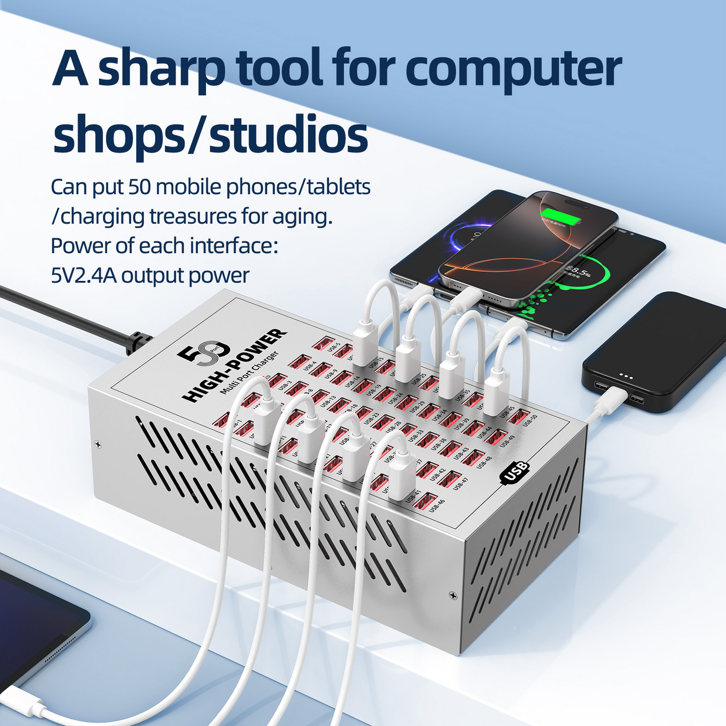 OEM WLX-T2A Stationoplader, 200W, 2.4A, 50 x USB-A, Sølv