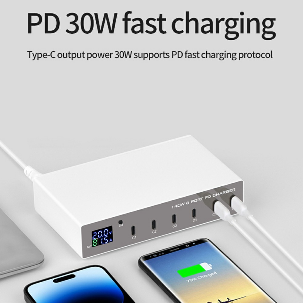 OEM WLX-X6P Station Oplader, 140W, 3A, 6 x USB-C, Sølv