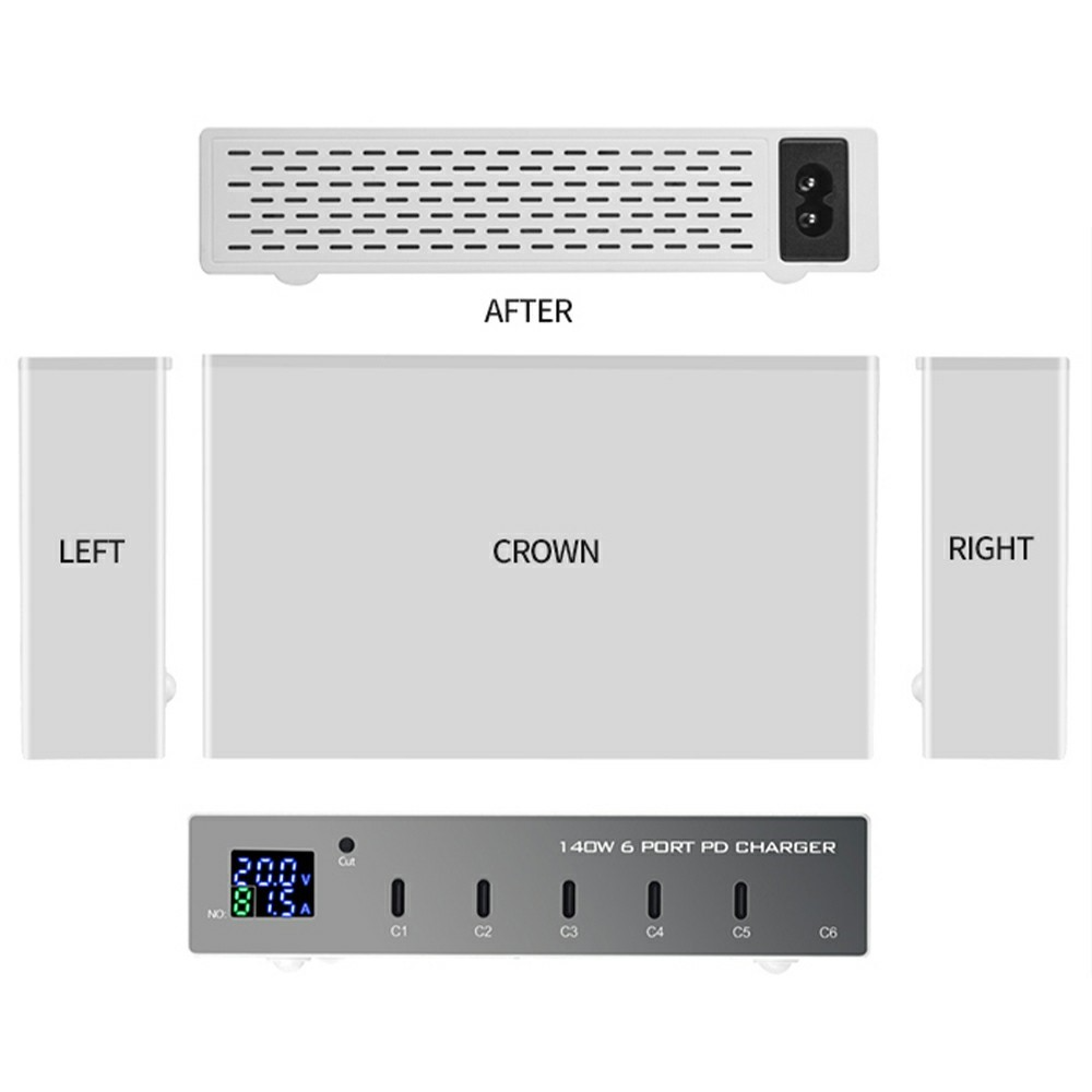 OEM WLX-X6P Station Oplader, 140W, 3A, 6 x USB-C, Sølv
