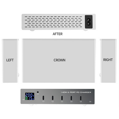 OEM WLX-X6P Station Oplader, 140W, 3A, 6 x USB-C, Sølv