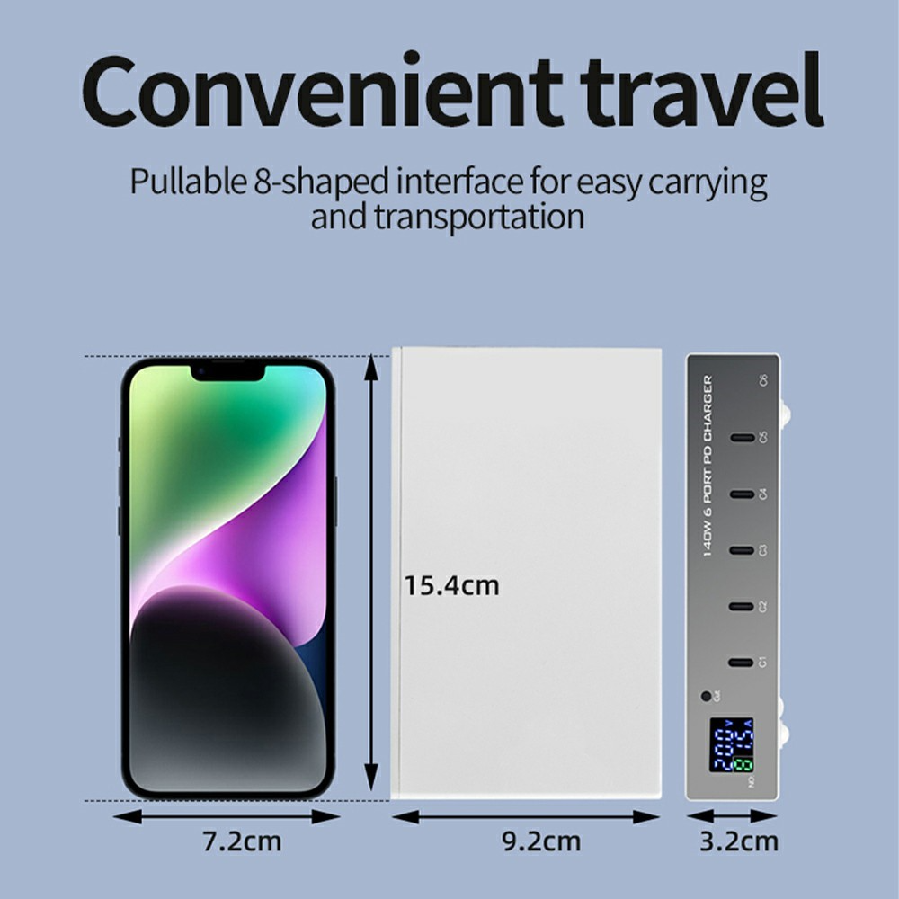 OEM WLX-X6P Station Oplader, 140W, 3A, 6 x USB-C, Sølv