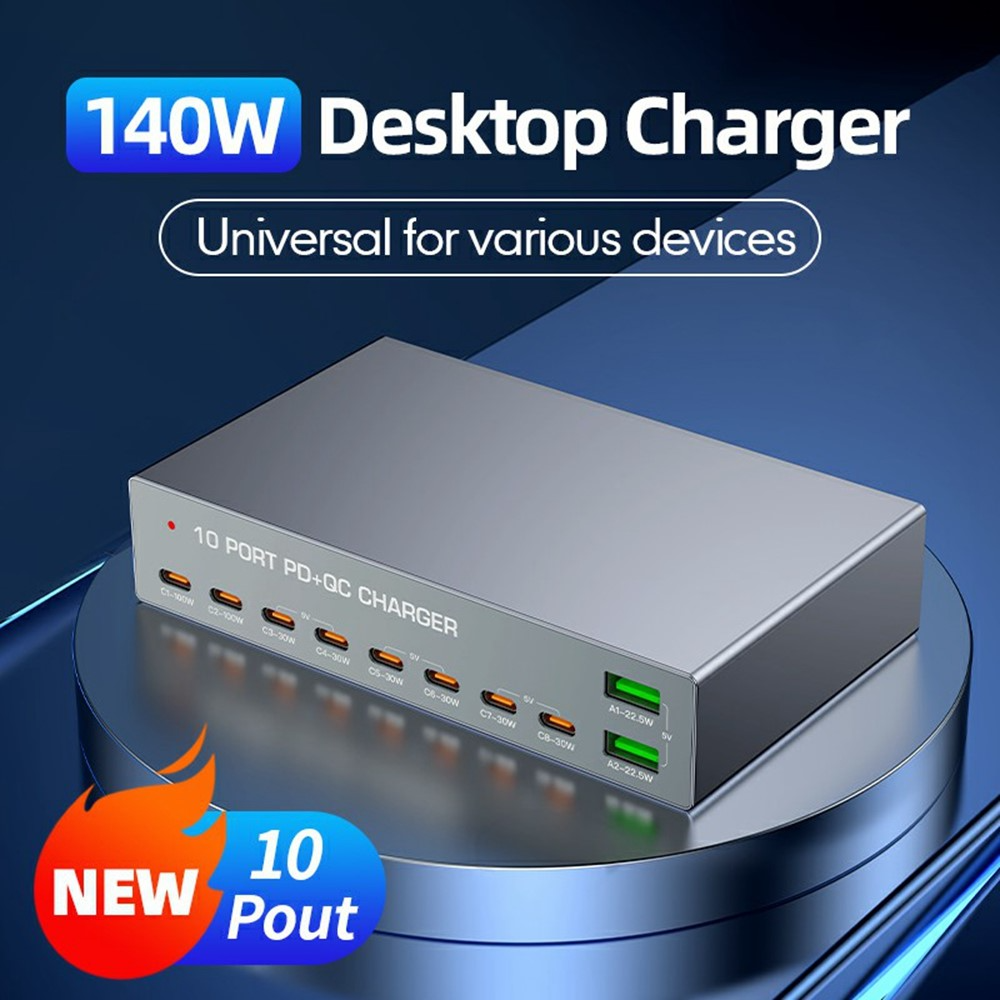 OEM WLX-X6Y Stationoplader, 140W, 5A, 2 x USB-A - 8 x USB-C, Sølv