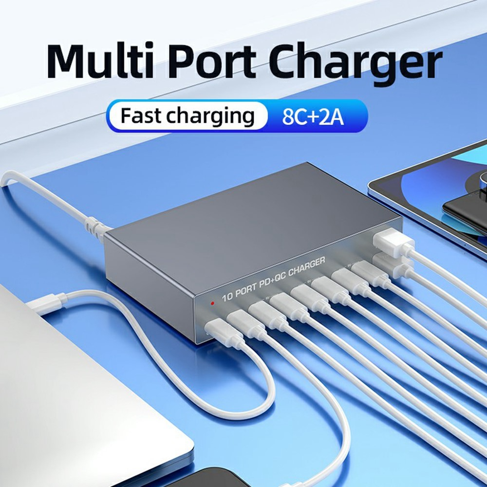 OEM WLX-X6Y Stationoplader, 140W, 5A, 2 x USB-A - 8 x USB-C, Sølv