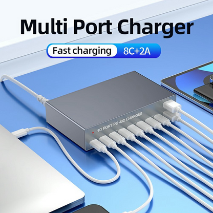 OEM WLX-X6Y Stationoplader, 140W, 5A, 2 x USB-A - 8 x USB-C, Sølv