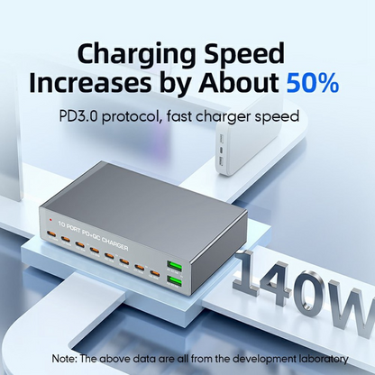 OEM WLX-X6Y Stationoplader, 140W, 5A, 2 x USB-A - 8 x USB-C, Sølv